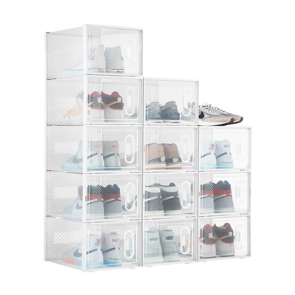 12PCS Plastic Shoe Boxes Clear Stackable Organiser Transparent Storage Containers Sneaker Display Cases Bins Holder Organizer Unit