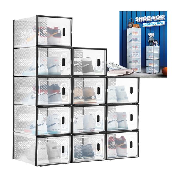 12PCS Plastic Shoe Boxes Clear Organiser Stackable Transparent Storage Display Cases Sneaker Containers Holder Bins Organizer Unit