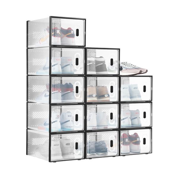 12PCS Plastic Shoe Boxes Clear Organiser Stackable Transparent Storage Display Cases Sneaker Containers Holder Bins Organizer Unit