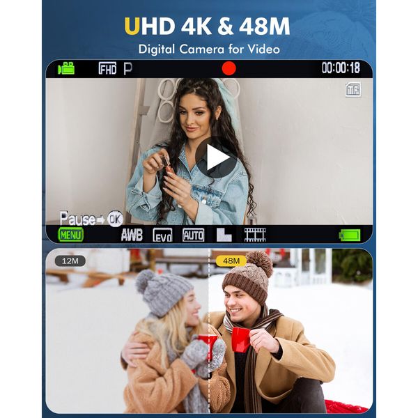 Digital Camera,Auto Focus FHD 4K Vlogging Camera with Dual Camera 48MP 16X Digital Zoom Kids Compact Camera with 32GB Memory Card Portable Point and Shoot Cameras for Teens Beginner Adult,White