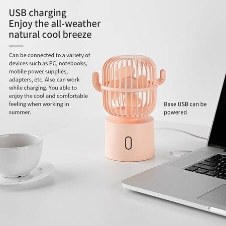 Cactus Fan Desk Small Fan 80 Degree Rotation USB Portable Fans 3 Speeds for Home Office Personal Table Desktop Fan Decor-Pink