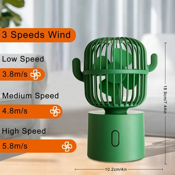 Cactus Fan Desk Small Fan 80 Degree Rotation USB Portable Fans 3 Speeds for Home Office Personal Table Desktop Fan Decor-Green