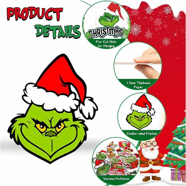 Grinch Christmas Tree Decoration, 24 Pieces Grinch Christmas Decoration Paper Hanging Christmas Tree Decoration Winter Christmas Party Supplies