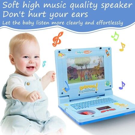 Laptop Educational Learning Computer, Simulator Notebook Toy Intelligence Early Education With Light And Music Child Gift , LCD Screen, Keyboard and Mouse Included (Blue)