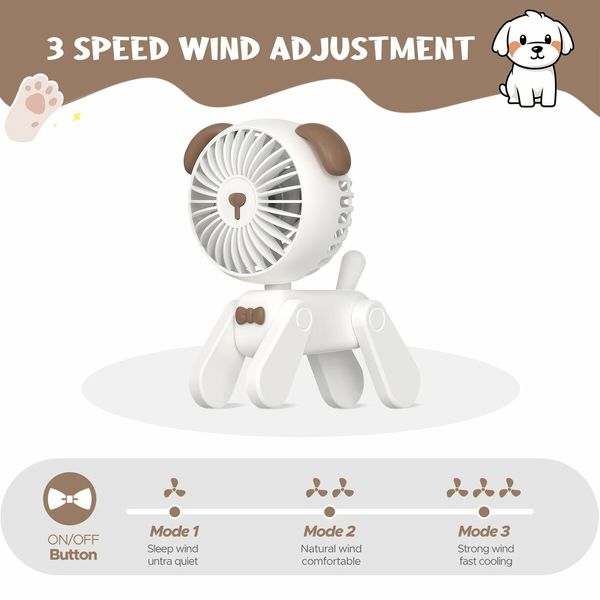 7 inch Small Desk Fan USB Rechargeable Battery Foldable Fan for Grils Women with 3 Speeds Strong Wind for Home Office Outdoor Travel - White