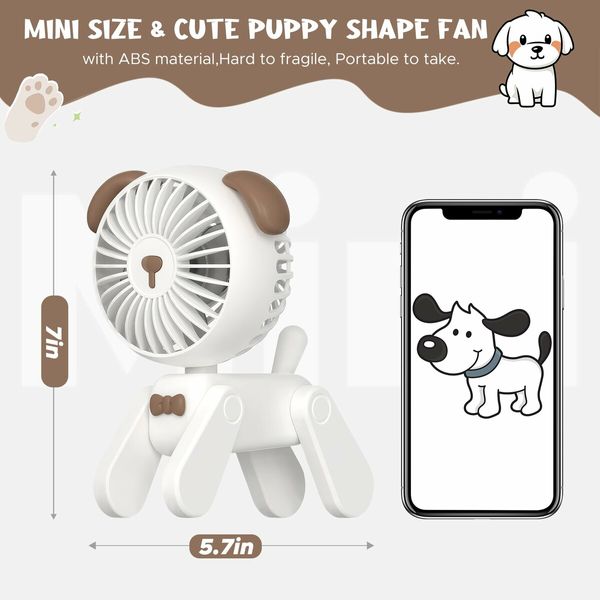 7 inch Small Desk Fan USB Rechargeable Battery Foldable Fan for Grils Women with 3 Speeds Strong Wind for Home Office Outdoor Travel - White