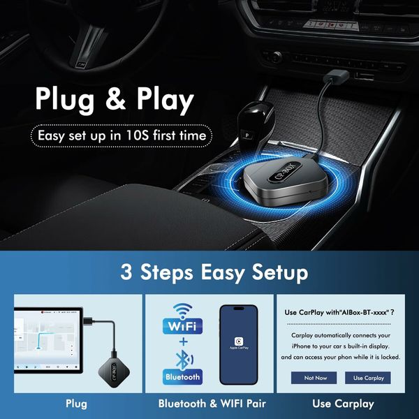 Wireless CarPlay Adapter for iPhone,Wireless CarPlay Dongle,Plug & Play,Convert Wired to Wireless CarPlay Adapter for 2016+ OEM Wired CarPlay Cars Model