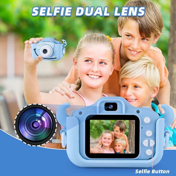 Kids Digital Camera with SD Card 32GB Portable Camera Selfie Digital Dual Lens Camera Birthday Gift for Kids (Blue)