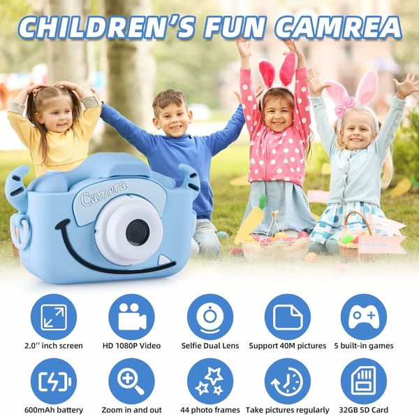 Kids Digital Camera with SD Card 32GB Portable Camera Selfie Digital Dual Lens Camera Birthday Gift for Kids (Blue)