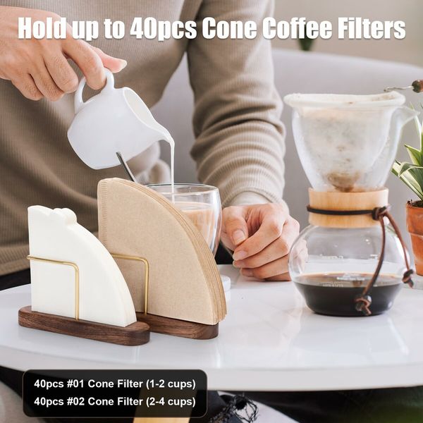 Cone Coffee Filter Holder,Stand Coffee Filter Storage,Coffee Filter Container for V60 Paper Coffee Filters Size #01 and #02,Walnut & Brass