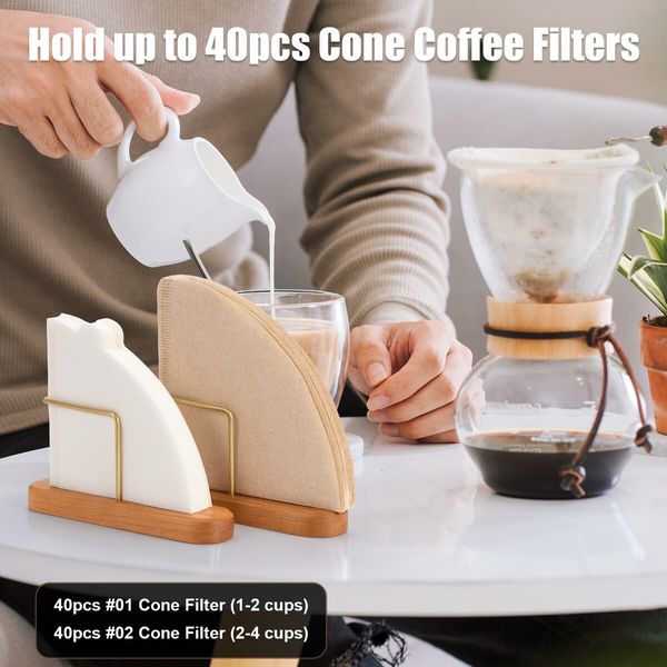 Cone Coffee Filter Holder,Stand Coffee Filter Storage,Coffee Filter Container for V60 Paper Coffee Filters Size #01 and #02,Cherry Wood & Brass