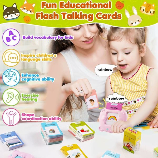 Children's Flash Cards, 112 Sheets 224 Words Talking, Learning Toy Baby Flash Cards, Baby Toy 3 to 6 Years (Pink)