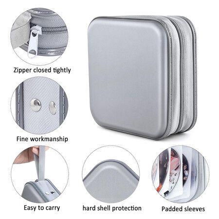 CD Case, DVDs Wallet Holder, CD DVD Case Wallet 40 Discs Heavy Duty Bag Binder Storage Booklet Album (Silver)