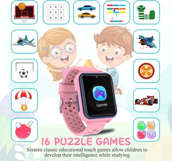 Smartwatch Children's Watch, Waterproof Music Smartwatch for Boys and Girls Pink