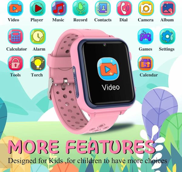 Smartwatch Children's Watch, Waterproof Music Smartwatch for Boys and Girls Pink