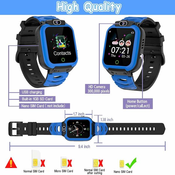 Kids Smart Watch for Boys Girls, Cell Phone Watch for 3 to 14 Years Kids Students (Blue)