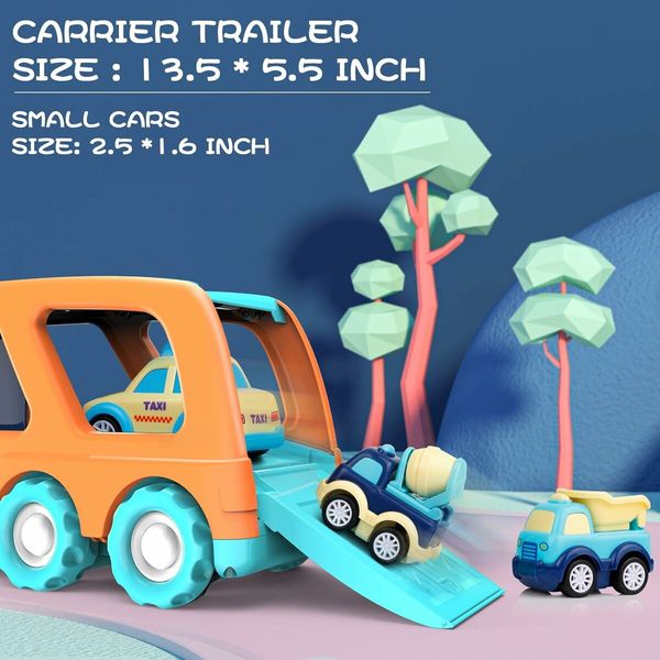 Big Transport Truck with 8 Small Cute Pull Back Trucks, Carrier Truck for 3 4 5 6 7 Years Old Boys and Girls, 34 x 10 x 14 cm