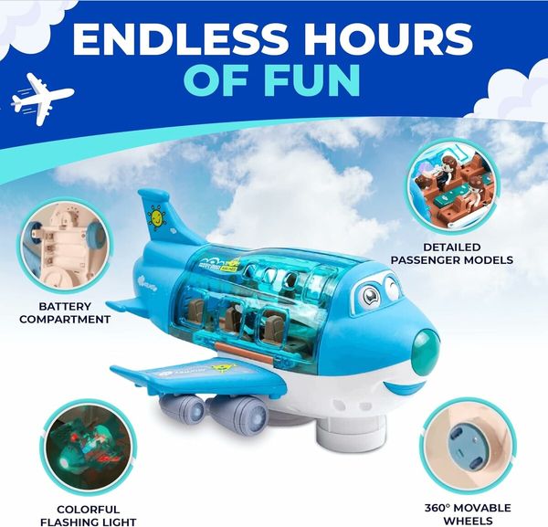 Airplane Toys for Kids, Bump and Go Action for Boys and Girls 3-12 Years Old Blue