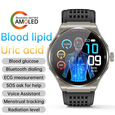 Newest Smart Watch Bluetooth Call Amoled Screen Ecg Blood Sugar Uric Acid Blood Lipid Body Temperature Radiation Level Color Brown