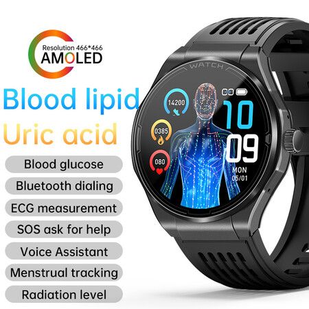 Newest Smart Watch Bluetooth Call Amoled Screen Ecg Blood Sugar Uric Acid Blood Lipid Body Temperature Radiation Level Color Black