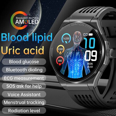 Newest Smart Watch Bluetooth Call Amoled Screen Ecg Blood Sugar Uric Acid Blood Lipid Body Temperature Radiation Level Color Black