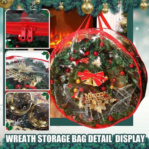 Clear Red 76*20cm Clear Wreath Storage Bags Plastic Wreath Bags with Dual Zippers and Handles for Christmas Thanksgiving Holiday Wreath Storage