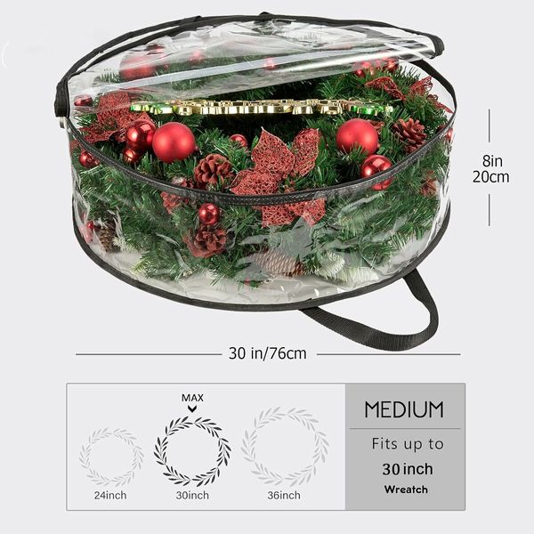 Clear Black 76*20cm Clear Wreath Storage Bags Plastic Wreath Bags with Dual Zippers and Handles for Christmas Thanksgiving Holiday Wreath Storage