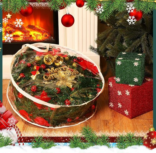 Clear 76*20cm Clear Wreath Storage Bags Plastic Wreath Bags with Dual Zippers and Handles for Christmas Thanksgiving Holiday Wreath Storage