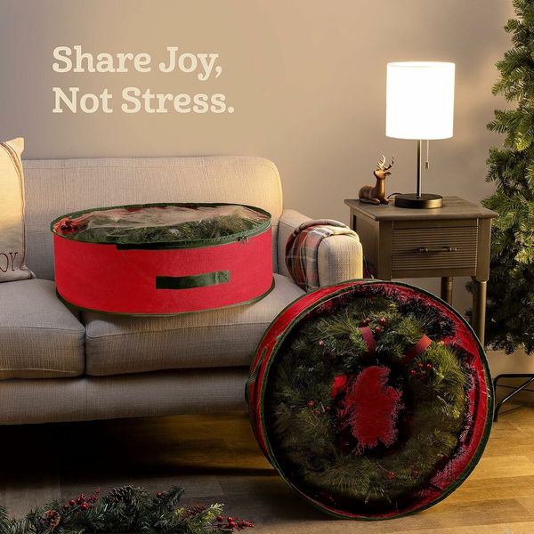 Red 76*20cm Wreath Storage Bag,Dual Zippered Wreath Bag,Durable Stitch Reinforced Handles,Non-Woven Wreath Christmas Storage