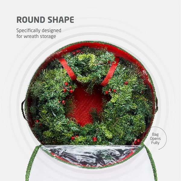 Red 76*20cm Wreath Storage Bag,Dual Zippered Wreath Bag,Durable Stitch Reinforced Handles,Non-Woven Wreath Christmas Storage