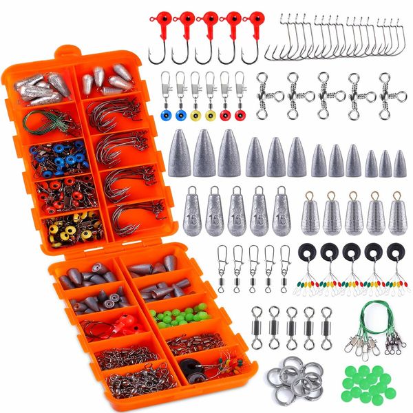 230pcs Fishing Accessories Kit, Including Jig Hooks, Bullet Bass Casting Sinker Weights, Fishing Swivels Snaps, Sinker Slides, Fishing Set with Tackle Box