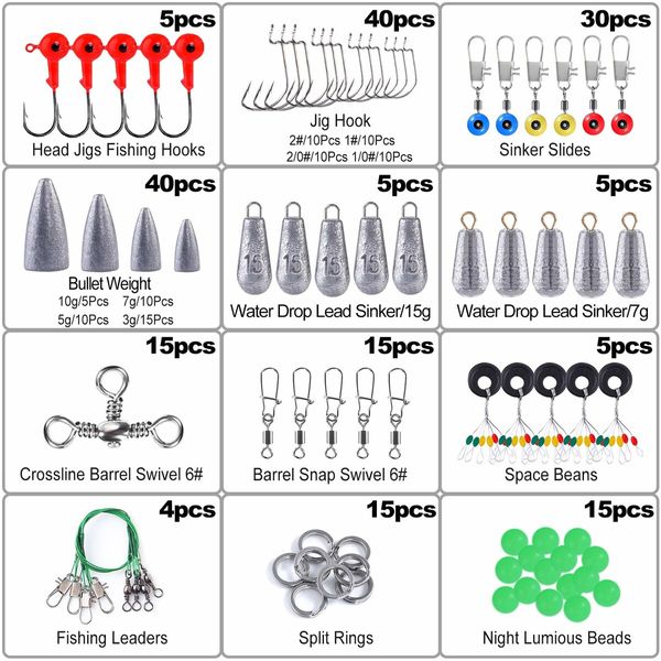 230pcs Fishing Accessories Kit, Including Jig Hooks, Bullet Bass Casting Sinker Weights, Fishing Swivels Snaps, Sinker Slides, Fishing Set with Tackle Box