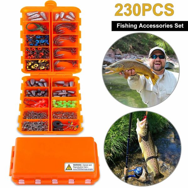 230pcs Fishing Accessories Kit, Including Jig Hooks, Bullet Bass Casting Sinker Weights, Fishing Swivels Snaps, Sinker Slides, Fishing Set with Tackle Box