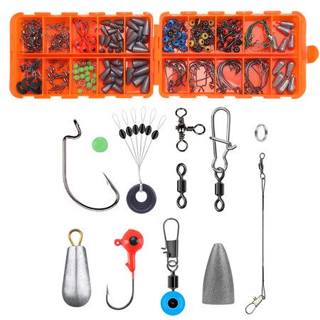 230pcs Fishing Accessories Kit, Including Jig Hooks, Bullet Bass Casting Sinker Weights, Fishing Swivels Snaps, Sinker Slides, Fishing Set with Tackle Box