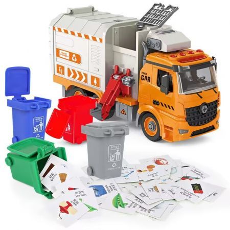 Recycling Garbage Truck Toy, Kids DIY Assembly Friction Powered Side-Dump Garbage Toy for Age3+(Orange)