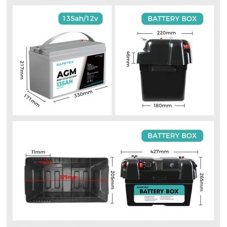 12V 135Ah AGM Battery Outdoor Rv Marine 4WD Deep Cycle & W/ Strap Battery Box