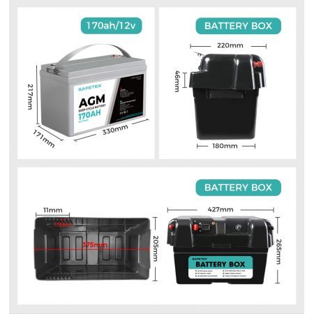 12V 170Ah AGM Battery Outdoor Rv Marine 4WD Deep Cycle & W/ Strap Battery Box