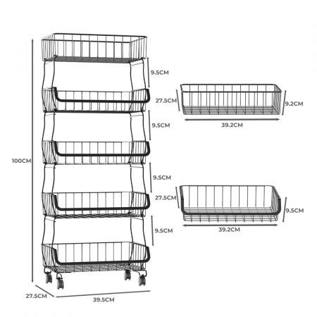 TOQUE 5 Tier Kitchen Trolley Cart Storage Rack Vegetable Organiser Shelf Wheels