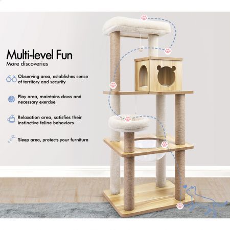 BEASTIE Cat Tree Tower Scratching Post Wood Scratcher Condo House Bed 143cm