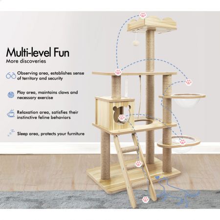 BEASTIE Cat Tree Tower Scratching Post Wood Scratcher Condo House Bed 141cm