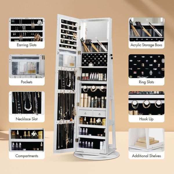 3 In 1 Rotating Jewellery Storage Shelf 360 Degree Cabinet Mirror Organiser Freestanding Box for Earring Necklace Ring White