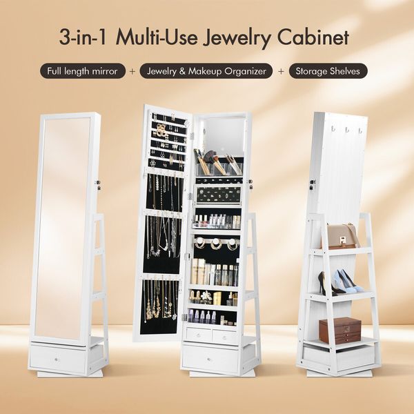 Rotating Jewellery Storage Shelf 360 Degree Cabinet Mirror Organiser Box Floor Stand for Earring Necklace Ring White