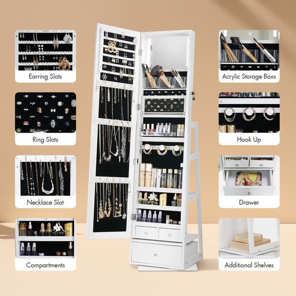 Rotating Jewellery Storage Shelf 360 Degree Cabinet Mirror Organiser Box Floor Stand for Earring Necklace Ring White