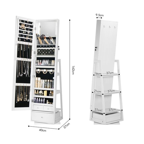 Rotating Jewellery Storage Shelf 360 Degree Cabinet Mirror Organiser Box Floor Stand for Earring Necklace Ring White