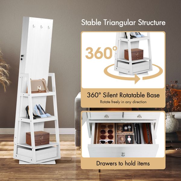 Rotating Jewellery Storage Shelf 360 Degree Cabinet Mirror Organiser Box Floor Stand for Earring Necklace Ring White