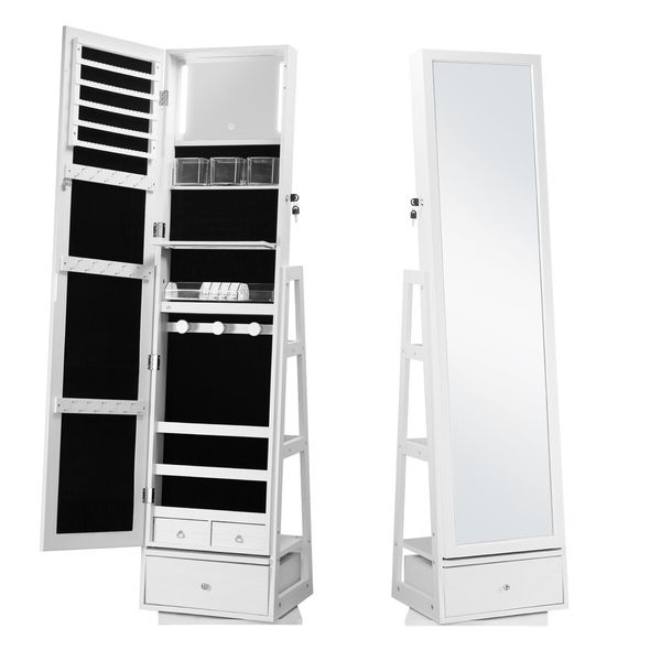 Rotating Jewellery Storage Shelf 360 Degree Cabinet Mirror Organiser Box Floor Stand for Earring Necklace Ring White