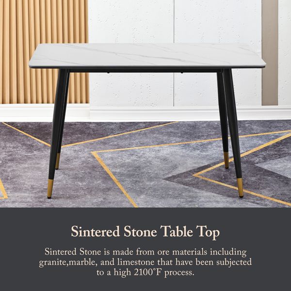 Marble Dining Table Sintered Stone Large Glossy Desk With Metal Legs Modern Restaurant Kitchen Bedroom Office Work White