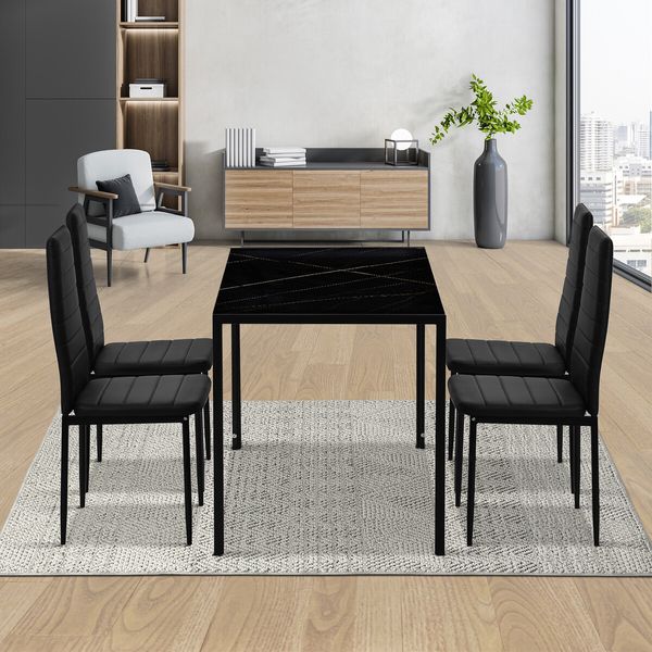 Marble Dining Table Set 4 Chairs Sintered Stone Large Glossy Desk Modern Restaurant Kitchen Bedroom Office Work Black