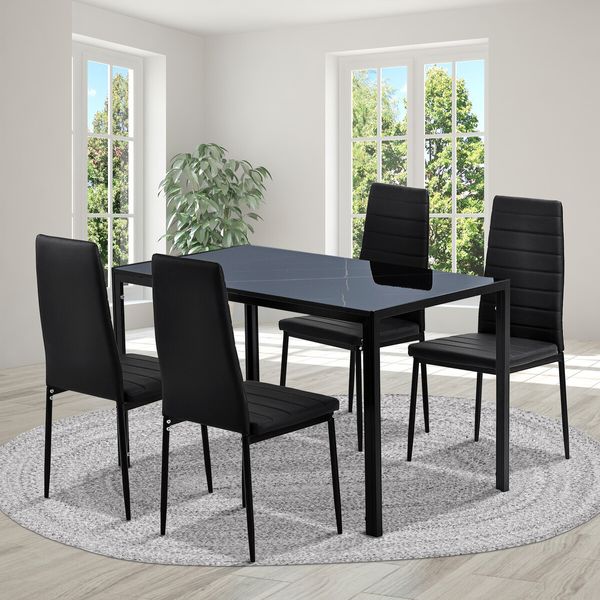 Marble Dining Table Set 4 Chairs Sintered Stone Large Glossy Desk Modern Restaurant Kitchen Bedroom Office Work Black