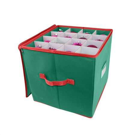 64 slots Christmas Ornament Storage Box with Adjustable Dividers, Oxford Holiday Ornament Storage Container Zipper 33x33x33cm Green